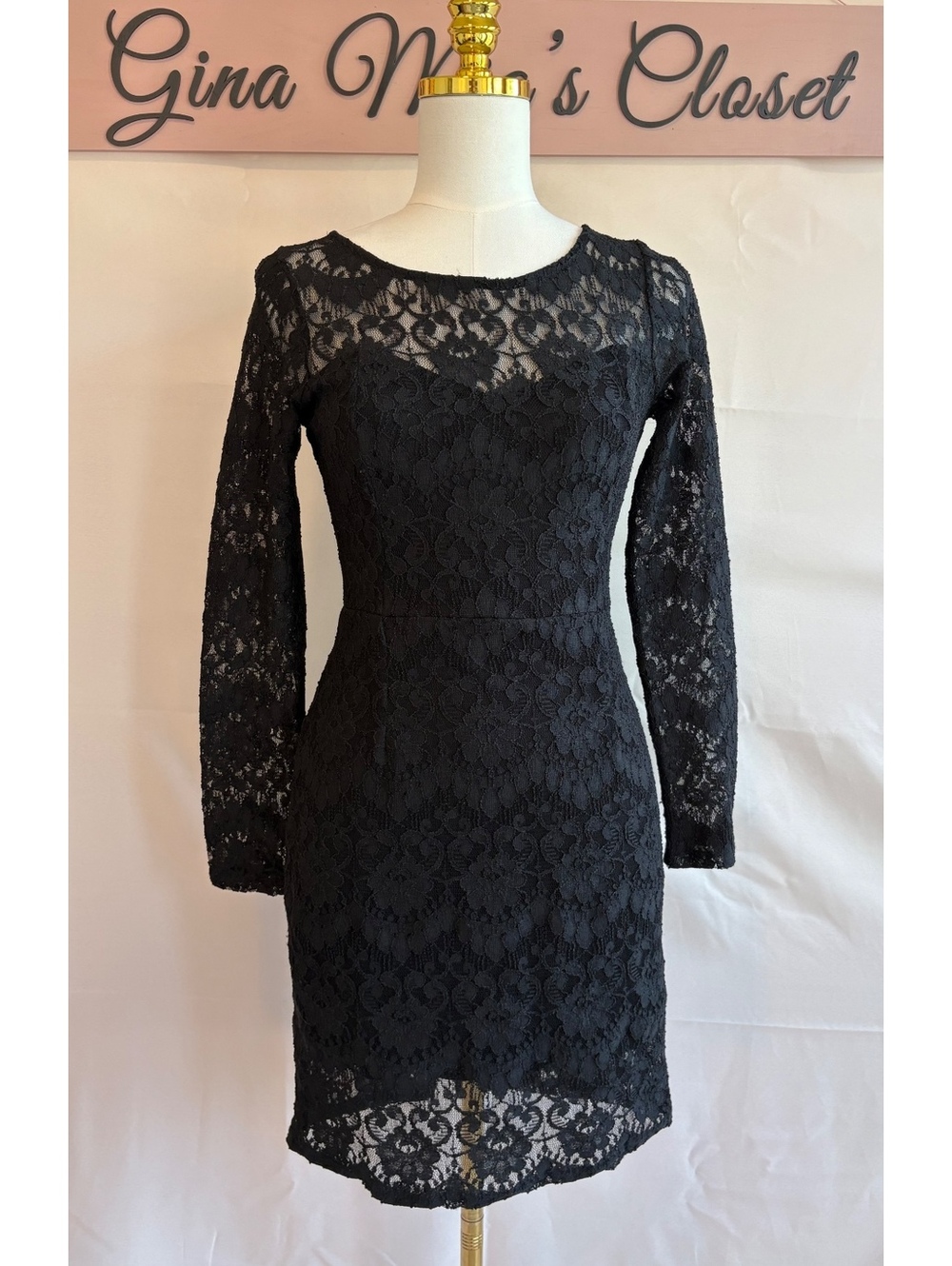 Sage Black Lace Long Sleeve Sheath Dress, Size Medium